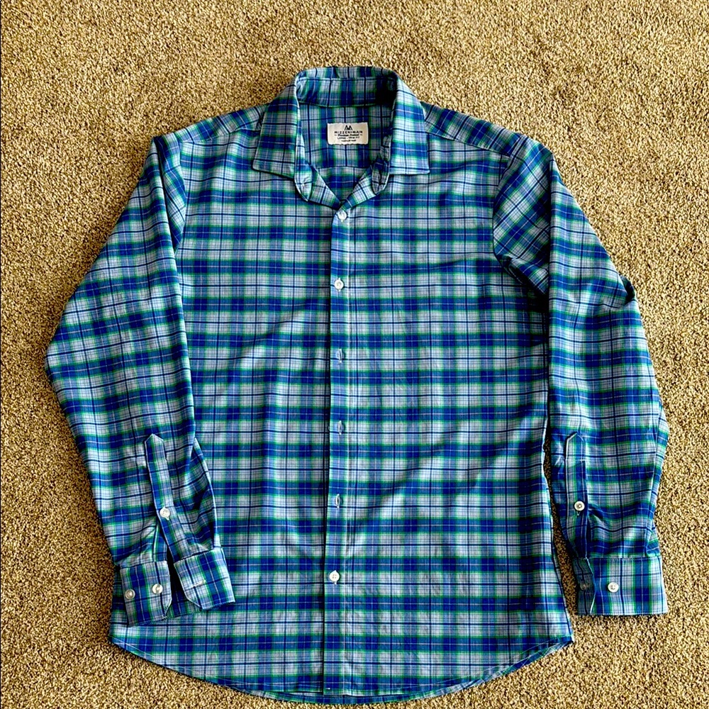 Mizzen +Main Blue and Green Plaid Large Trim Fit Men's Long Sleeve Shirt